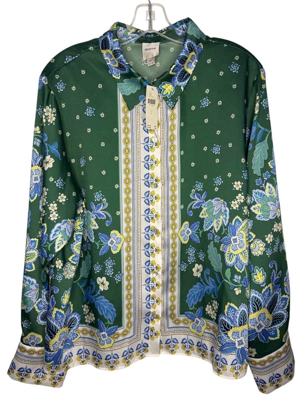 Maeve by Anthropologie NWT Long Sleeve Scarf Blouse Green Blue Button-Up Large